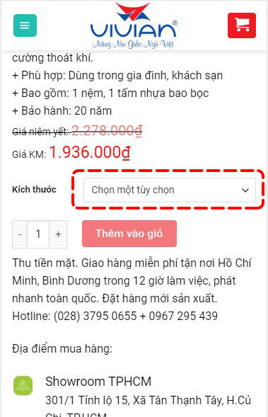 Bước 2 đặt hàng nệm vivian tại Website nemvivian.vn