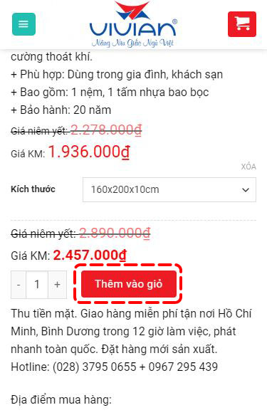 Bước 3 đặt hàng nệm vivian tại Website nemvivian.vn