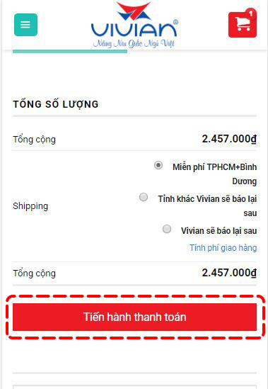Bước 6 đặt hàng nệm vivian tại Website nemvivian.vn