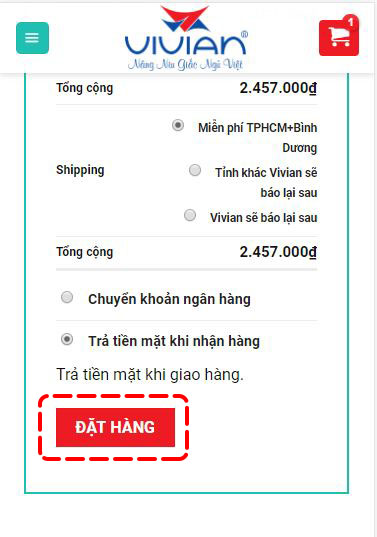 Bước 8 đặt hàng nệm vivian tại Website nemvivian.vn