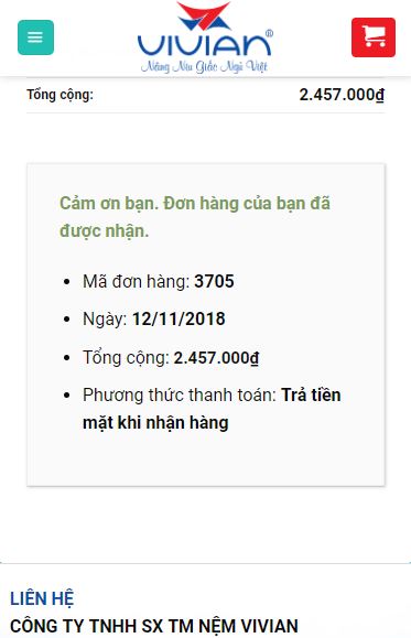 Bước 9 đặt hàng nệm vivian tại Website nemvivian.vn