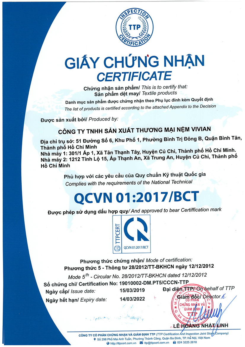 Chứng nhận hợp qui không chứa formadehype của Bộ công thương