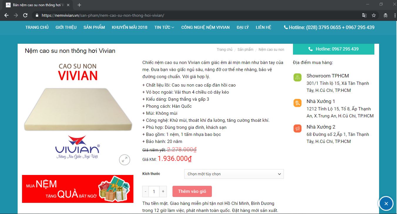 Bước 1 chọn xem sản phẩm chi tiết nệm cao su non vivian