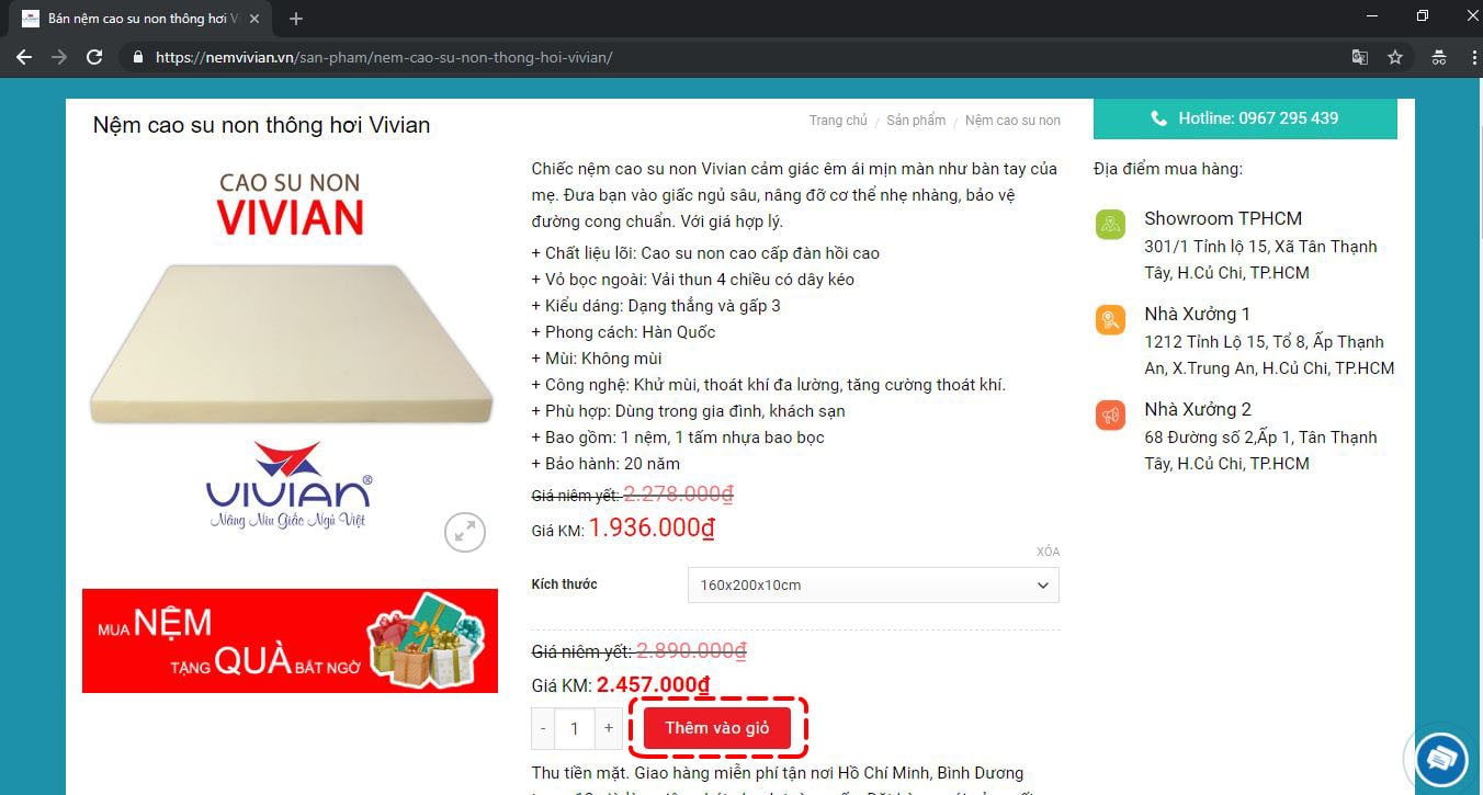 Bước 3 chọn số lượng và bấm chọn thêm giỏ hàng vivian
