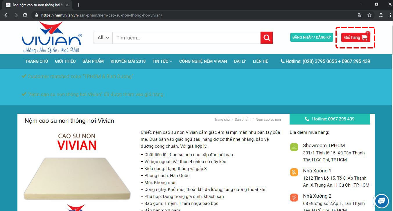 Bấm chọn giỏ hàng để thanh toán Nệm vivian