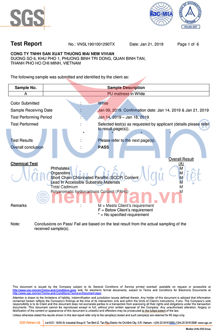 Kết quả kiểm định anh toàn sức khỏe nệm cao su thiên nhiên chống cháy trang 1